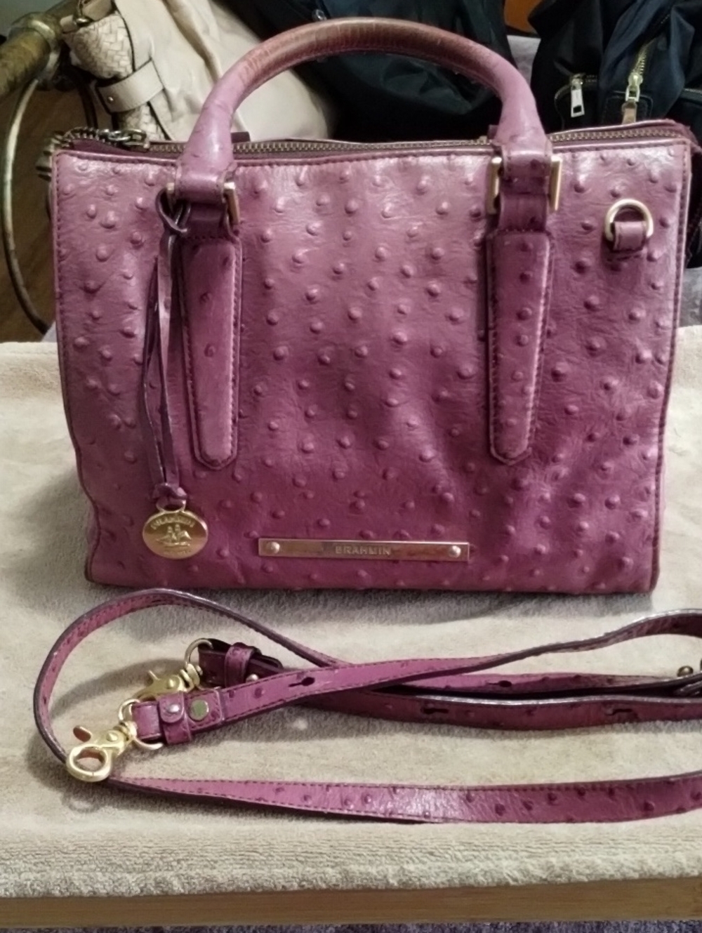 Brahmin Plum Ostrich-Embossed Leather Satchel with Detachable Strap